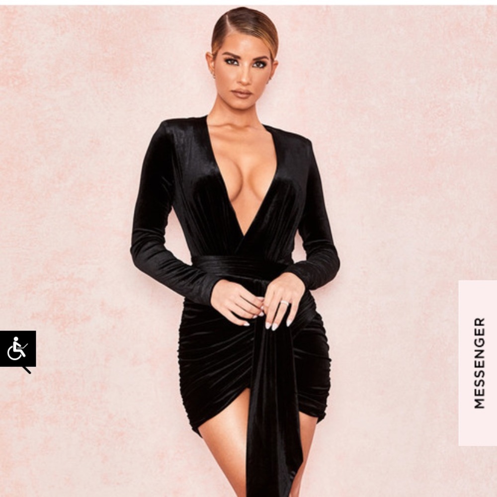 Farrah Black Velvet Gathered Deep V Mini Dress